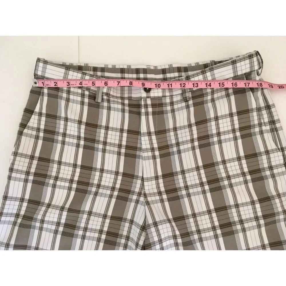 Haggar Golf Performance Shorts Mens 36 Brown White Plaid Expandable Waist